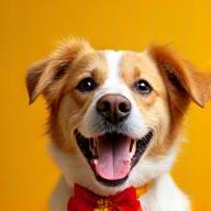 Special offer: cheerful dog with ribbon