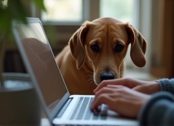 Dog watching owner type on laptop