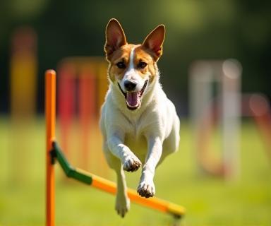 Dog leaping over agility hurdle outdoors