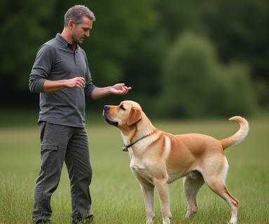 Trainer demonstrating obedience with a Labrador